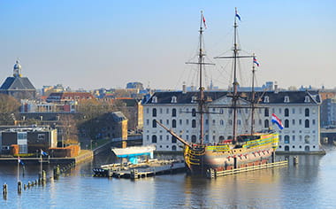 The Dutch National Maritime Museum and the replica of the Amsterdam, an 18th-century East India Company ship, Netherlands
